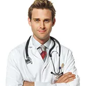 Male doctor with stethoscope around neck, arms crossed, smiling